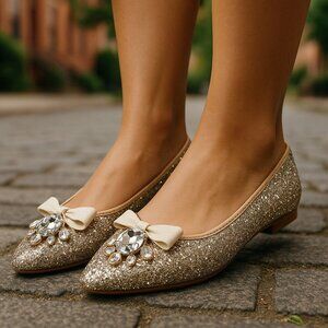 MIU MIU Prada Flats Shoes Silver Gold 6 Rhinestone Glitter Bow Pointed Toe 36